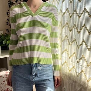 Liz + Co Green White Stripe Hooded Thermal Sweatshirt